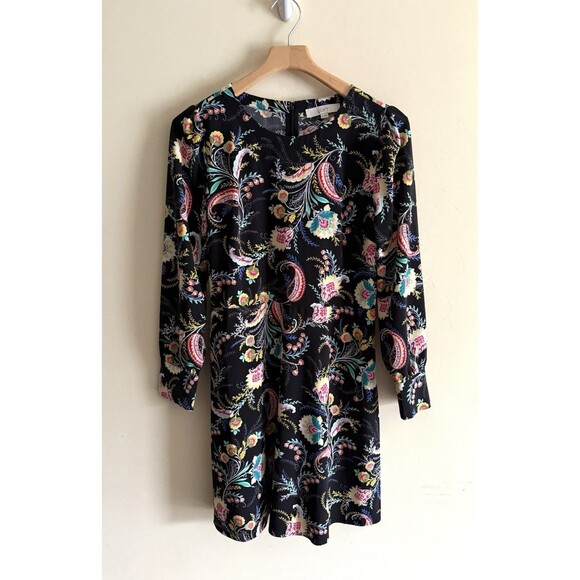 LOFT Dresses & Skirts - Loft Dress Size 10 Womens Black Floral Paisley Fit & Flare Long Sleeve Casual